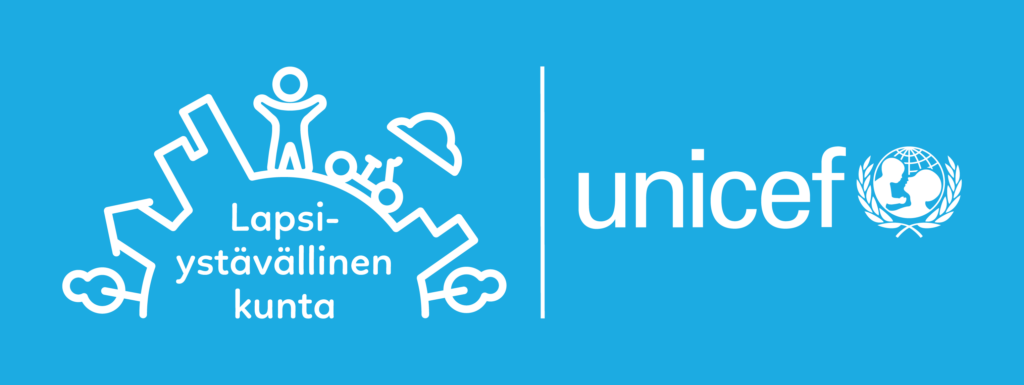 Lapsiystävällinen kunta-logo, jossa teksti Lapsiystävällinen kunta sekä Unicef.