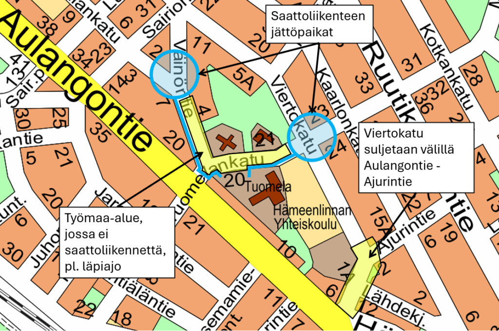 Kartta Hämeenlinnan yhteiskoulun ympäristöstä katuremontin aikana. Kuvassa näytetään työmaa-alue sekä saattoliikenteen jättöpaikat.