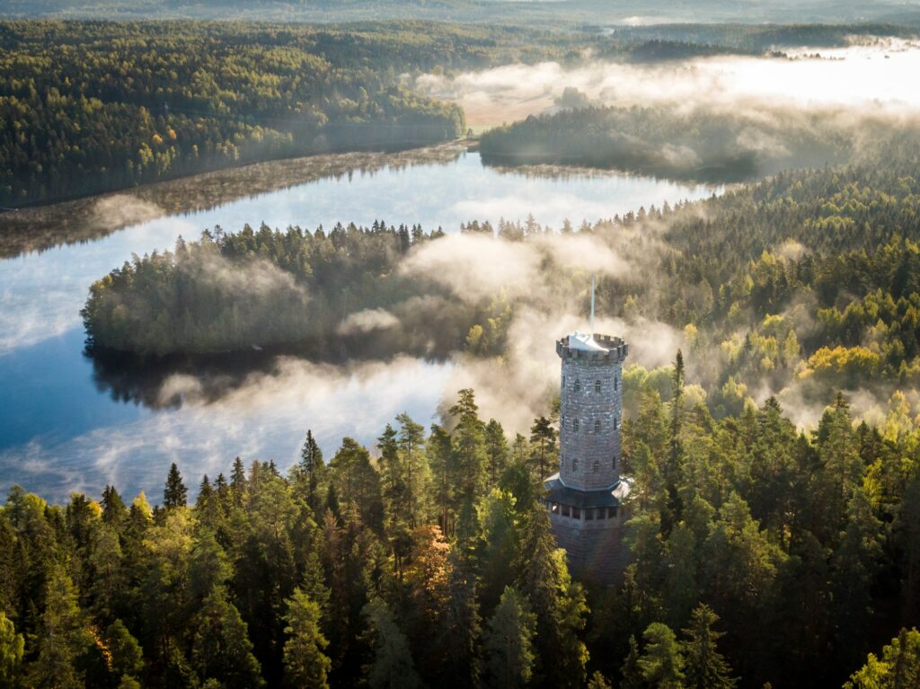 Järveen työntyvä lusikanmuotoinen niemi