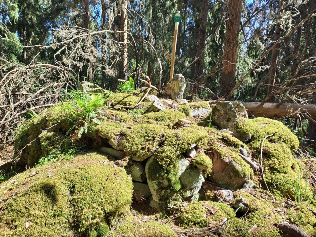 Muodoton sammaleinen kivikasa, jonka päällä muinaisjäännös-kyltti